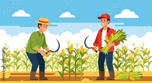 Farmers Harvesting Corn in a Field