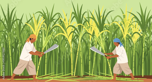 Farmers Harvesting Sugarcane with Machetes in a Field