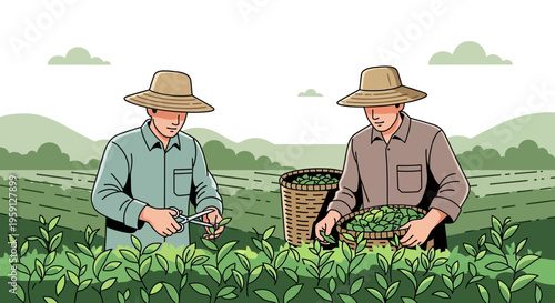 Farmers Harvesting Tea Leaves in a Lush Green Plantation
