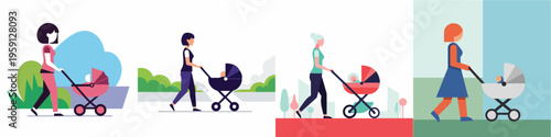 Modern flat vector artwork of a mother walking with a baby stroller, simple geometric shapes, no outline, white background.