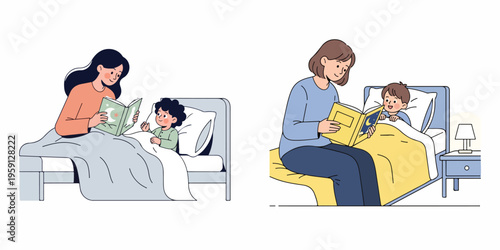 A gentle nighttime storytelling moment between a mom and her child, in minimalist flat vector design, with soft colors on a plain white background.