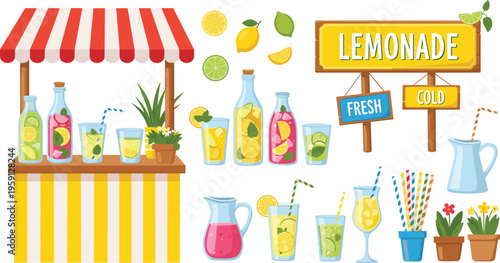 Fresh Lemonade Stand Vector Set with Summer Drink Booth Glass Pitchers Citrus Fruit Slices and Cold Beverage Signage for Seasonal Marketing and Events