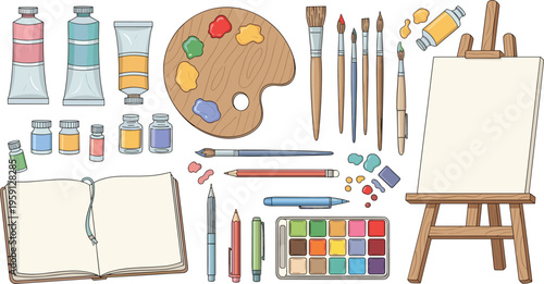 Professional Art Studio Vector Illustration Set with Wooden Easel Paint Tubes Palette Brushes Sketchbook and Watercolor Kit for Creative Fine Arts Education