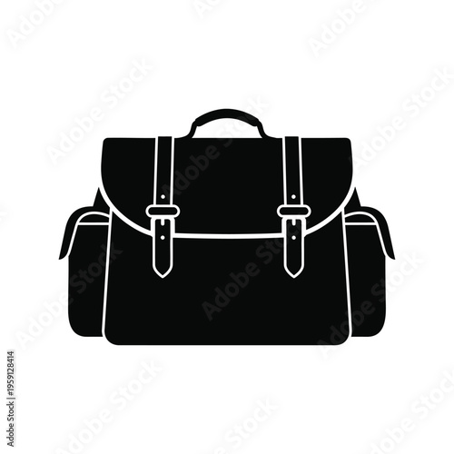 Black silhouette of a classic leather satchel bag with buckles and handle