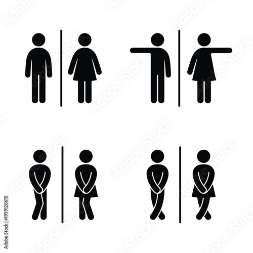 Set of restroom icons including classic male and female toilet signs and creative humorous variations. Minimal black and white pictograms in solid and outline styles. Perfect for signage wayfinding UI