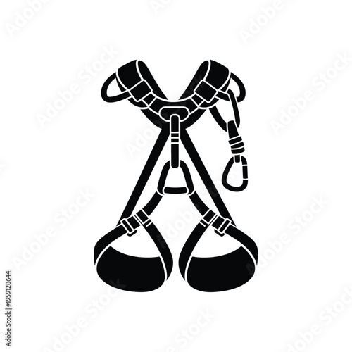 Black and white climbing harness with carabiner and safety straps