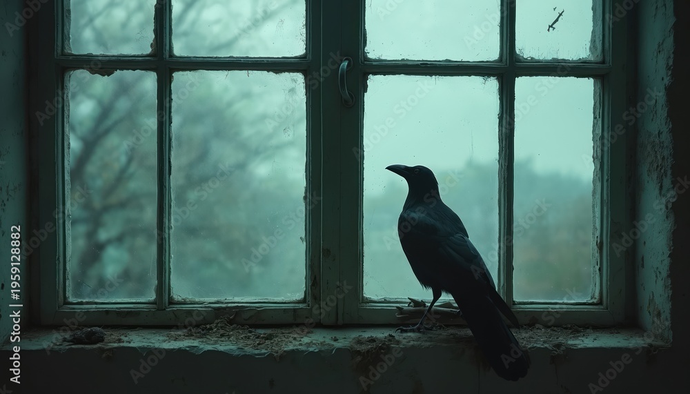 Obraz premium Dark crow bird sits on old dirty windowsill looking outside blurred trees through dusty window. Gloomy atmosphere of abandoned house interior. Weathered wood frame pane sill details.