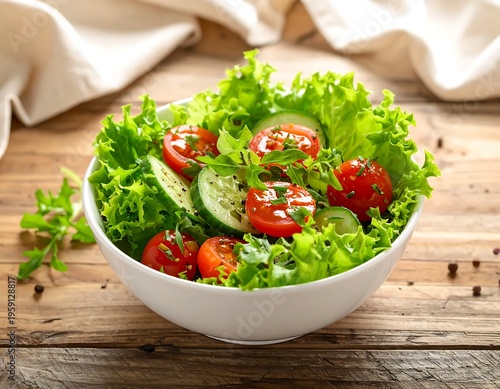 A fresh salad with lettuce, tomatoes, and cucumbers in a white bowl