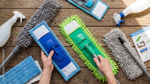 Flat Lay View of Hands Arranging a Set of Vibrant Multi-Colored Microfiber Mop Heads