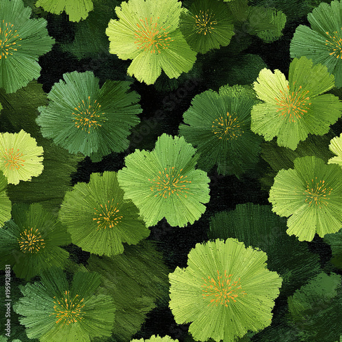Green floral pattern with artistic wildflower shapes and layered brush strokes creating textured, natural background full of vibrant and calming shades of green