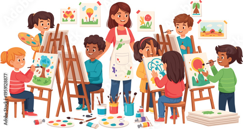 Diverse Group of Children in Art Class Painting on Easels with Teacher for Creative Education School Workshop and Kindergarten Fine Arts Vector