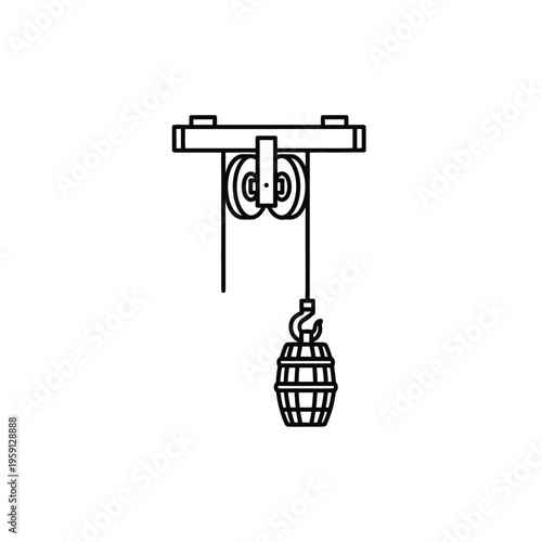 Black and white line of a pulley system lifting a barrel