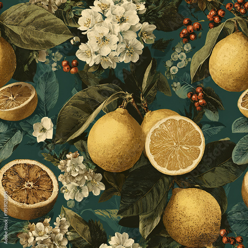 Autumn citrus and botanical ephemera surface design with yellow lemons, white flowers, green leaves, and red berries creating vintage natural pattern with detailed texture and warm tones