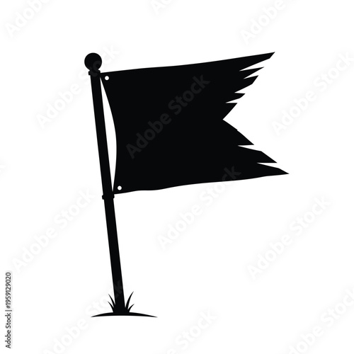 Black flag on a pole with tattered edges against a white background