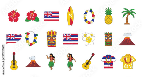 Hawaii Tropical Icons Collection: Aloha Spirit, Surf, Hula, Volcano, Pineapple