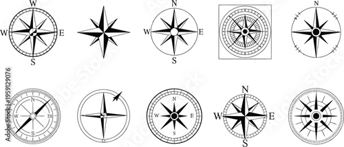 Compass rose icon set, collection of compass and wind rose symbols with cardinal directions for navigation, mapping, and direction-finding tools.
