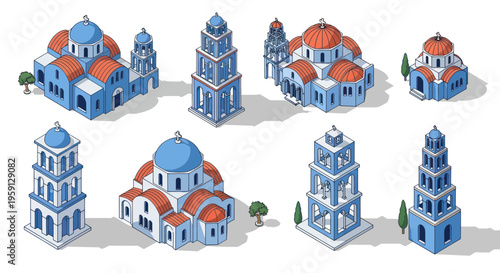 Isometric Greek Orthodox Churches and Bell Towers Collection