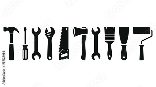 Hand Tools Vector Illustration Set – Black Silhouettes of Hammer, Screwdrivers, Wrenches, Saw, Axe, Paintbrush, Roller – Construction, Repair, DIY Equipment Art for Branding