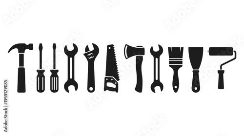 Hand Tools Vector Illustration Set – Black Silhouettes of Hammer, Screwdrivers, Wrenches, Saw, Axe, Paintbrush, Roller – Construction, Repair, DIY Equipment Art for Branding