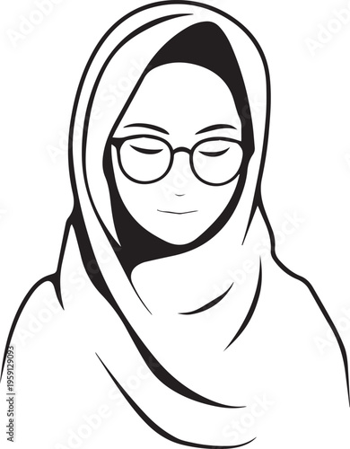 Hand Drawn Woman Wearing Hijab Black and White Avatar Illustration in Minimal Solid Art Style Design
