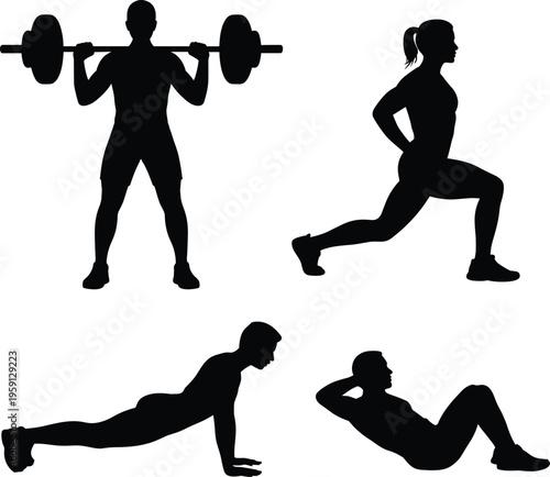 Athletic fitness silhouettes collection, strength training exercises, weightlifting, lunges, push ups, sit ups, body workout routine, black vector illustration isolated on white