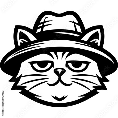 Grumpy cartoon cat in fedora hat, noir detective style, serious expression. Black and white vector with thick outlines isolated on white background