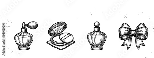 Vector line art set of cosmetic icons including perfume bottle powder puff and bow
