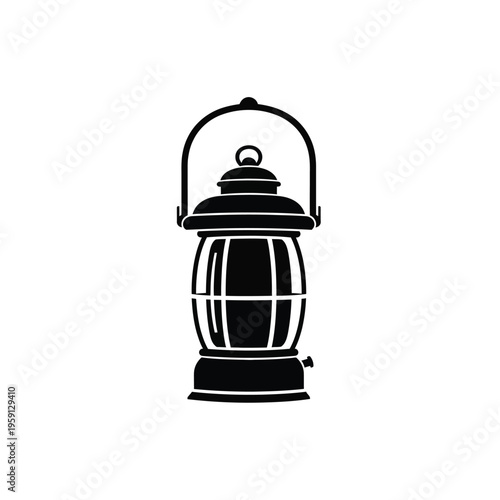 Black silhouette of a vintage lantern with handle and glass enclosure