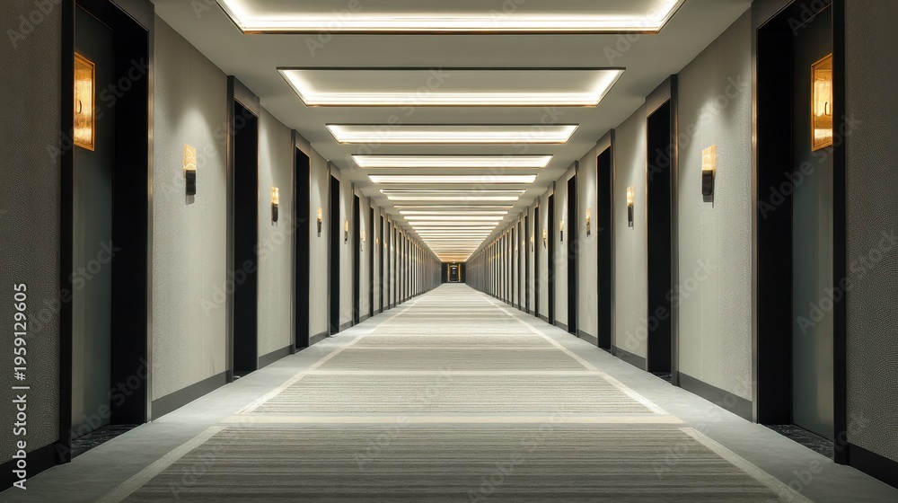 Fototapeta premium Symmetrical hotel hallway with modern lighting clean walls and carpet creates a sleek elegant atmosphere