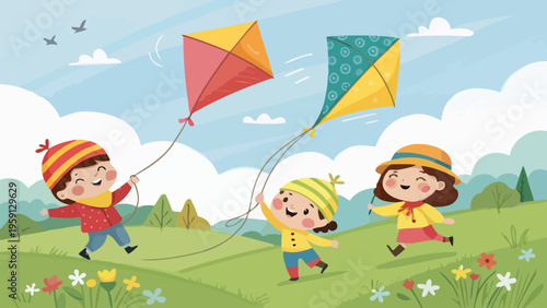 Three happy cartoon children playing with oversized colorful kites in a green field with flowers under a blue sky with clouds