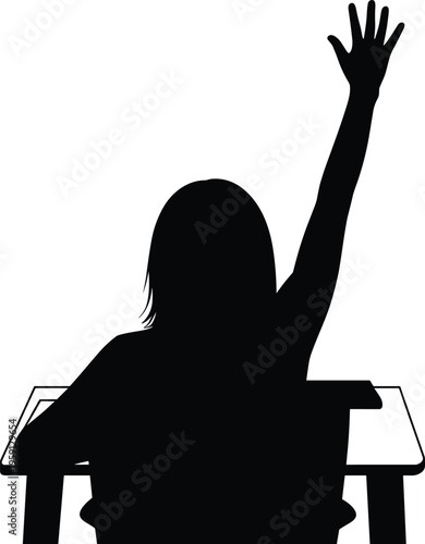 Student raising hand in classroom silhouette, education participation concept, school learning environment, attentive pupil asking question, black vector illustration isolated on white