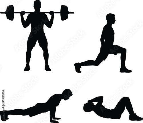 Full body workout silhouettes set, strength training exercises, weightlifting, lunges, push ups, sit ups, fitness routine, black vector illustration isolated on white