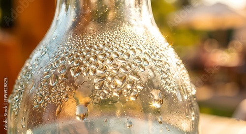 Close up of a glass bottle with condensation droplets on its surface reflecting warm sunlight.