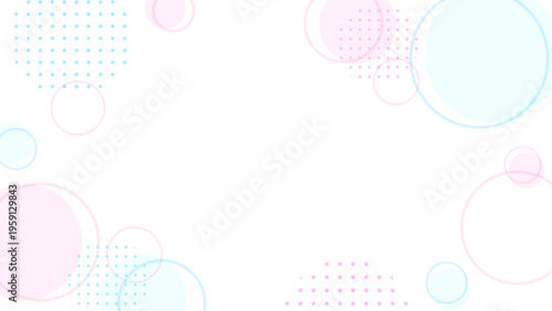 パステルのピンク・水色の円とドットを散りばめたゆめかわいいメンフィス風フレーム背景（16対9・中央コピースペース）