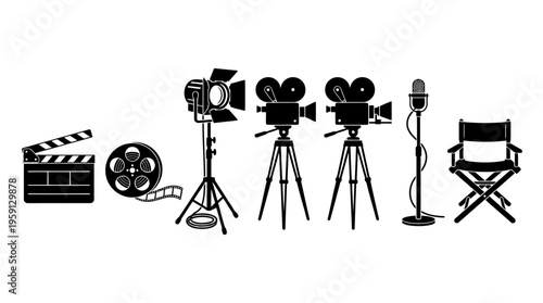 Film Production Vector Illustration Set – Black Silhouettes of Clapperboard, Camera, Microphone, Reel, Director Chair – Movie Industry Equipment Art for Cinematic Branding