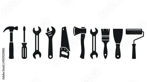Hand Tools Vector Illustration Set – Black Silhouettes of Hammer, Screwdrivers, Wrenches, Saw, Axe, Paintbrush, Roller – Construction, Repair, DIY Equipment Art for Branding