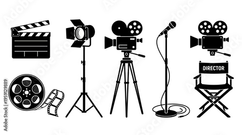 Film Production Vector Illustration Set – Black Silhouettes of Clapperboard, Camera, Microphone, Reel, Director Chair – Movie Industry Equipment Art for Cinematic Branding