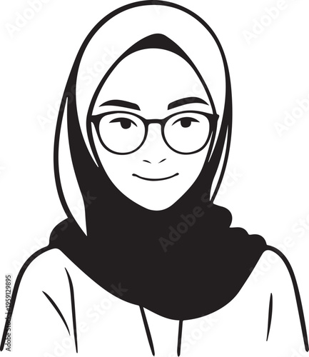 Hand Drawn Woman Wearing Hijab Black and White Avatar Illustration in Minimal Solid Art Style Design