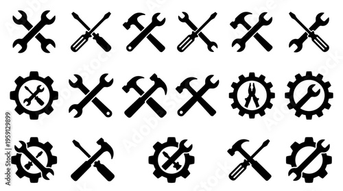 Mechanic Tools Vector Illustration Set – Black Silhouettes of Wrenches, Screwdrivers, Hammers, Gears, and Pliers – Engineering, Repair, Maintenance Graphic Art for Branding