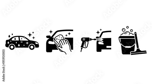 Car Cleaning Vector Illustration Set – Black and White Icons of Washing, Wiping, Spraying, and Soapy Bucket – Auto Detailing Graphic Art for Service Branding