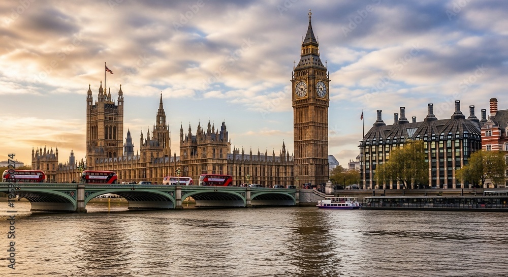 Fototapeta premium Iconic clock tower and bridge over river