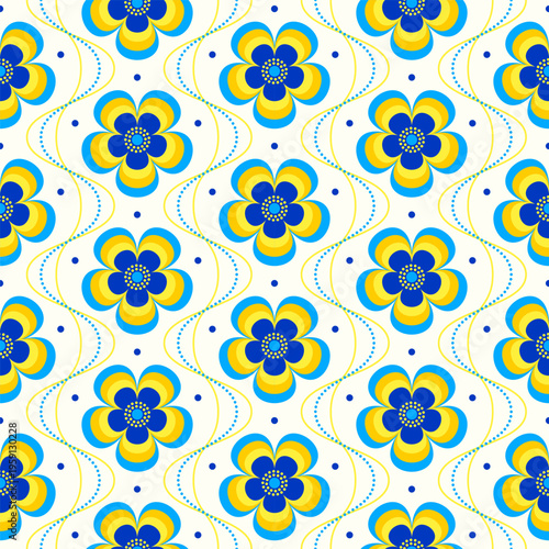 Retro floral Mid Century modern stylized flowers, 1970s mod seamless vector pattern illustration. For home decor, wallpapers, fabrics and textile.