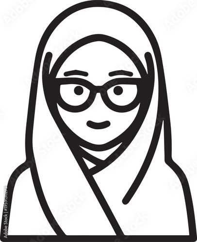 Hand Drawn Woman Wearing Hijab Black and White Avatar Illustration in Minimal Solid Art Style Design