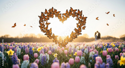 Romantic heart shaped butterflies flying over colorful spring flowers field at sunset with couple in background