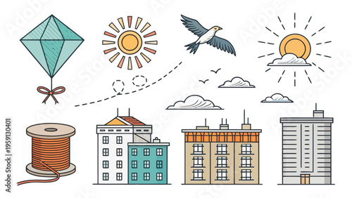 Kites flying over city buildings with birds and sun symbolizing freedom and leisure