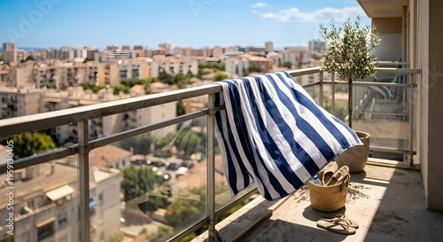 Sunlit balcony with a striped blue and white towel draped over a glass railing.