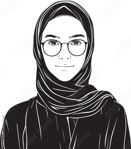 Hand Drawn Woman Wearing Hijab Black and White Avatar Illustration in Minimal Solid Art Style Design