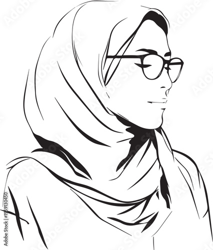 Hand Drawn Woman Wearing Hijab Black and White Avatar Illustration in Minimal Solid Art Style Design