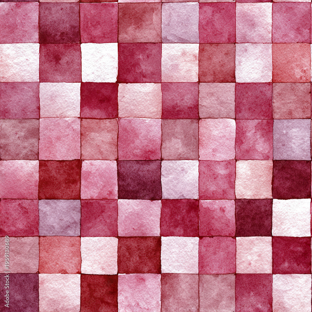 Fototapeta premium Watercolor checkerboard pattern with blush pink and red squares creating soft, artistic tile design perfect for backgrounds and decorative projects