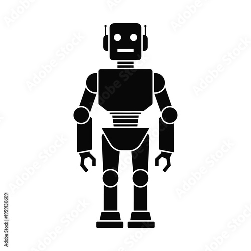 Black and white silhouette of a humanoid robot on white background